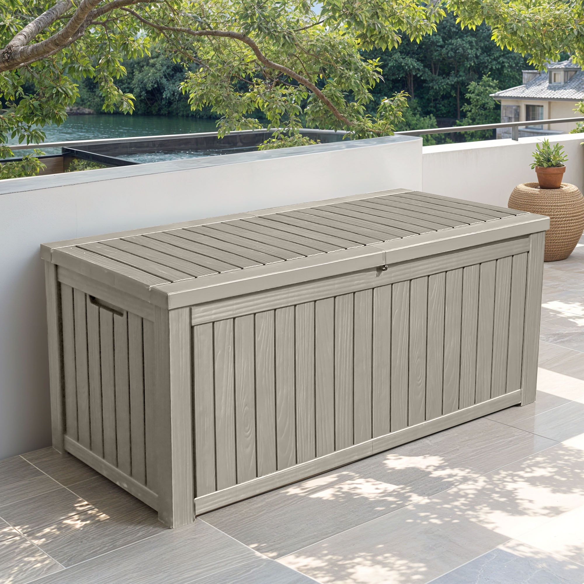 ModFusion 150 Gallon Outdoor Storage Box Lockable Resin Bench for Deck Patio and Pool