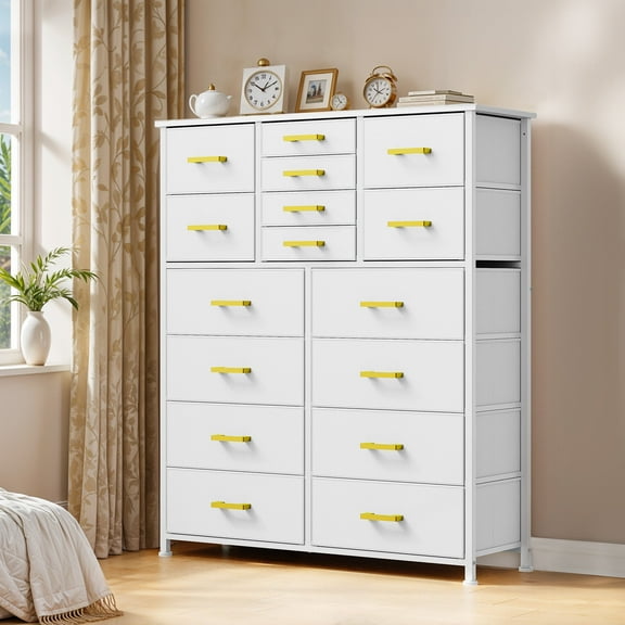 ModFusion 16-Various Drawer White Tall Dresser with Sturdy Metal Frame & Wooden Top, Fabric Storage Organizer for Bedroom, Living Room & Closets