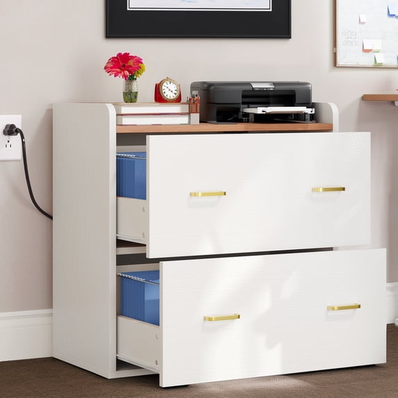 ModFusion 2-Drawer, 4-Metal Drawer Handle A4 Legal Letter File Hanging Rod Storage Organizer Wood Cabinet Charging Hub Station Printer Lamp Stand, White & Oak.