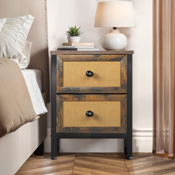 ModFusion 2-Drawer Dresser Rattan Woven Wood, Bedside Cabinet, Nightstand for Bedroom & Living Room - Rustic Brown