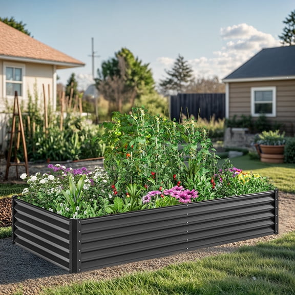 ModFusion 2-Pack 8×4×1.5 ft Corrugated Raised Garden Bed Kit with Safety-Wrapped Edge, Reinforcement Bar, Drainage, 359-Gallon Open-Bottom Metal Planter Box, Black