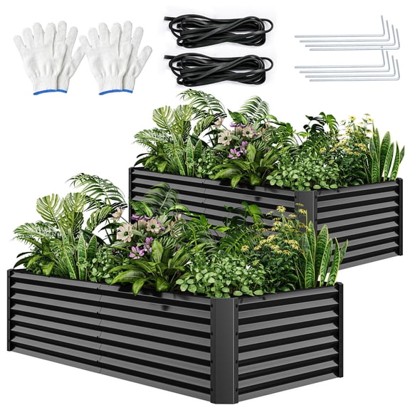 ModFusion 2 Pack 8x4x1.5 Ft Metal Galvanized Raised Garden Bed Kit with Support Rod, Corner Panel, Dark Gray