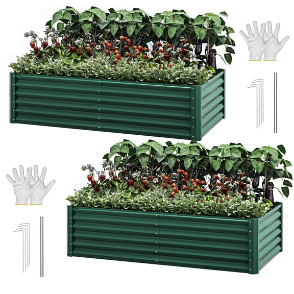 ModFusion 2 Pcs 6x3x1.5 ft Galvanized Raised Garden Bed Kit with Reinforced Frame, Stakes, Corrugated Metal Open Bottom, Large Backyard Flower Beds, Green
