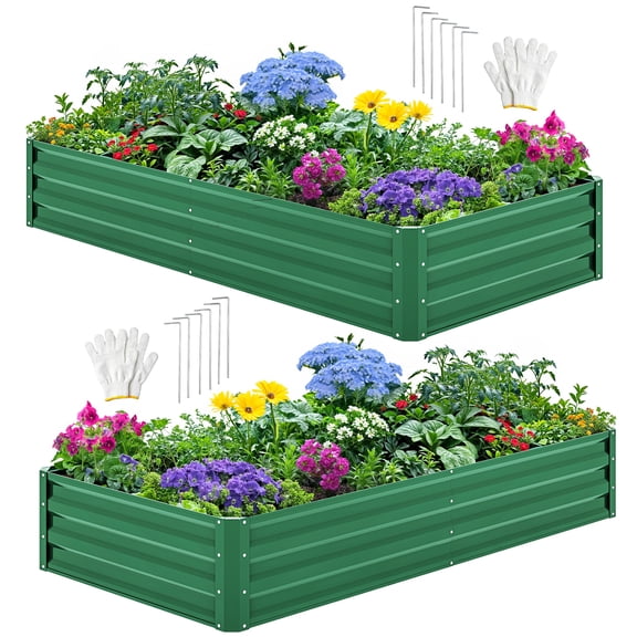 ModFusion 2 Pcs Galvanized Raised Garden Bed with Safe Edge, Support Rod, Stakes, 6x3x1 feet, Drainage, Metal Steel Planter Box, Green