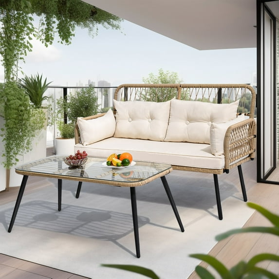 ModFusion 2-Piece Outdoor/Indoor Patio Wicker Sofa and Coffee Table Set, Loveseat Rattan Furniture Set Ideal for Backyard, Beige