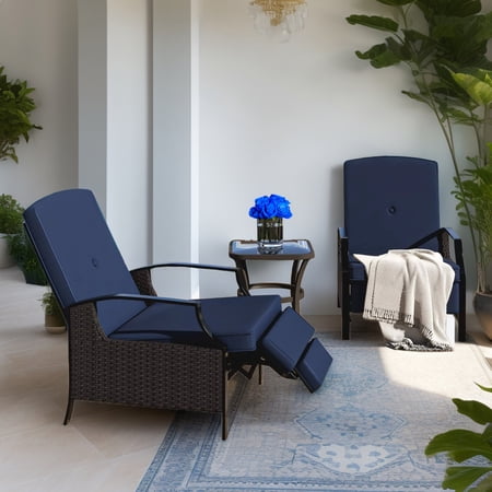 ModFusion 2-Piece Outdoor/Indoor Wicker Recliner Chair 250 lbs Capacity with Adjustable Seat Cushion and Extendable Footrest, Navy Blue