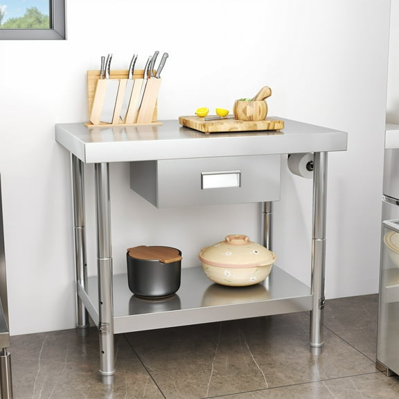 ModFusion 2-Tier 3x2 ft Stainless Steel Prep Table with Drawer, Paper Roll Towel Holder, Adjustable Shelf, 36"x24" Metal Utility Table for Kitchen