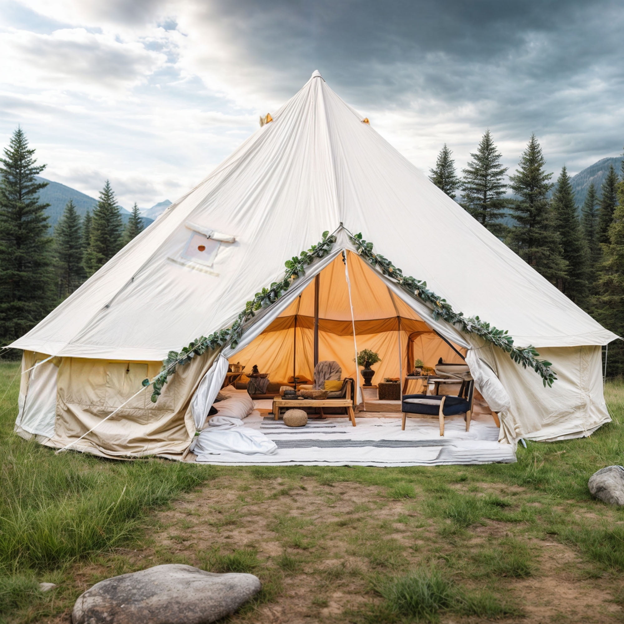 ModFusion 20’ All Season Glamping Bell Tent Waterproof for Outdoor Family Gatherings, Picnics, and Barbecues Including 4 Breathable Windows and Stove Jacks in Beige