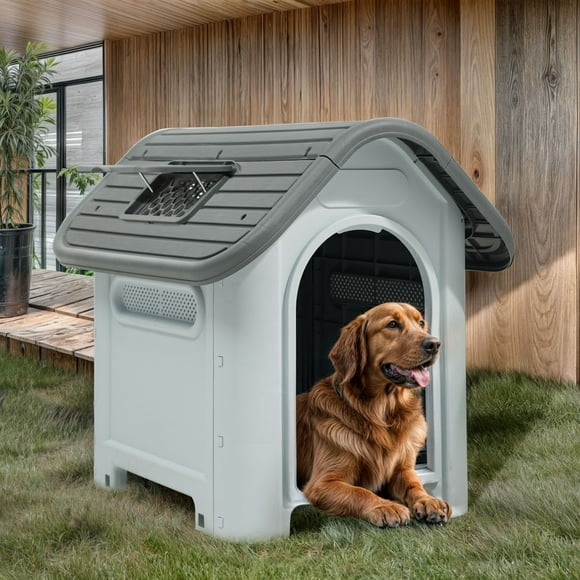 ModFusion 23 Small Outdoor Plastic Dog House with Adjustable Skylight and Water Resistance, Grey - Perfect for Small Breeds
