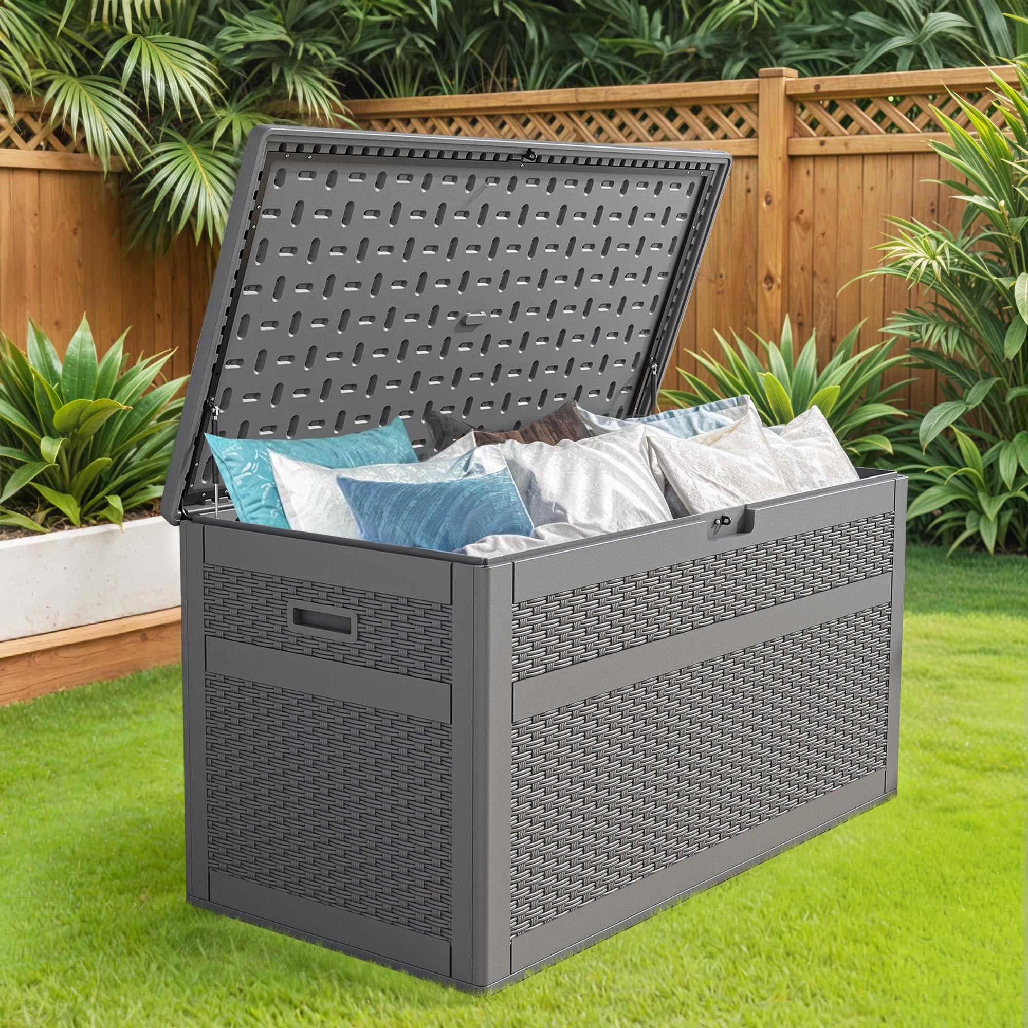 ModFusion 230 Gallon Gray Outdoor Storage Deck Box Lockable Resin Plastic Container, Weatherproof