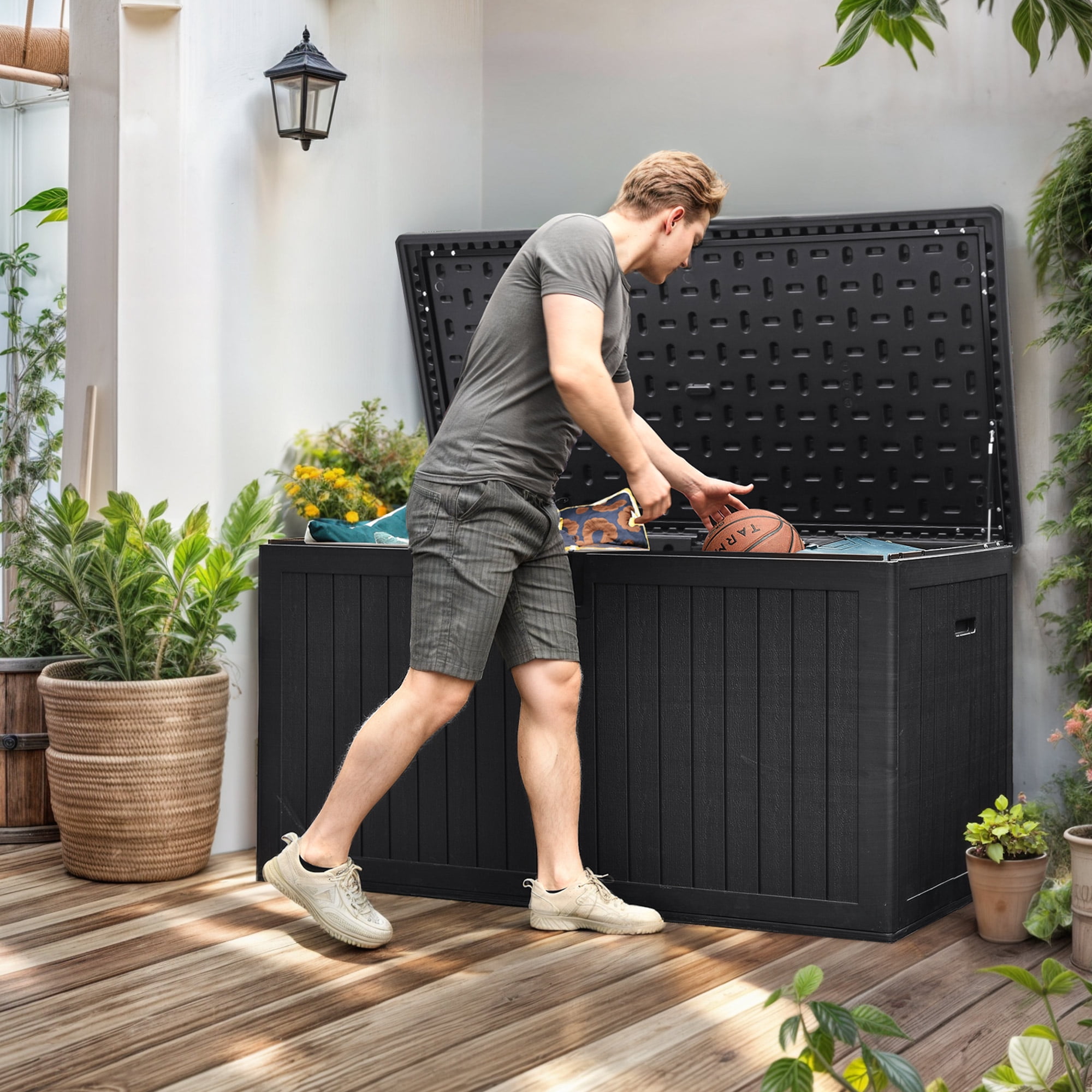 ModFusion 230 Gallon Lockable Double-Wall Deck Box - Black, Outdoor Storage with Divider \u0026 Handles