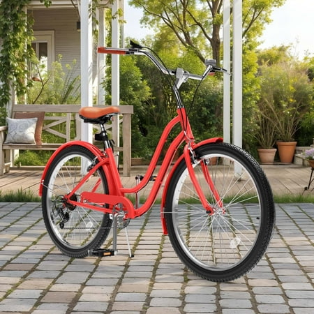 ModFusion 26 Inch Beach Cruiser Bike, 7-Speed & Single-Speed Step-Through Bicycle for Adults in Coral