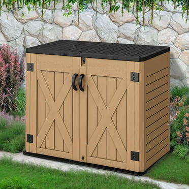 ModFusion 262 Gallon Resin Storage Shed with Double Lock, Handrail, Metal Rod, Plastic Outdoor Trash Can Storage, Deck Box, Brown