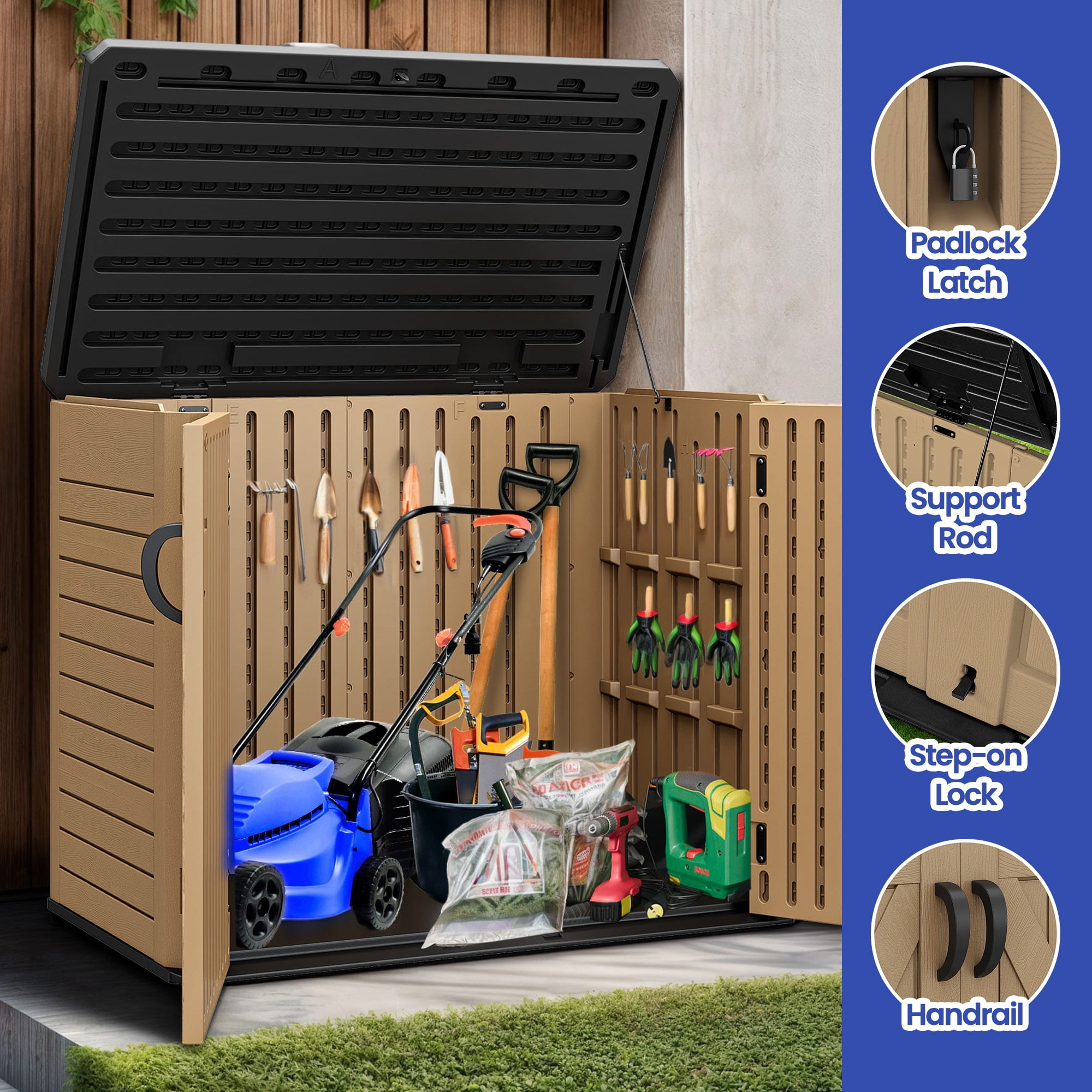 ModFusion 262 Gallon Resin Storage Shed with Double Lock, Handrail, Metal Rod, 4x2.4x3.4 ft Plastic Outdoor Trash Can Storage, Deck Box, Brown