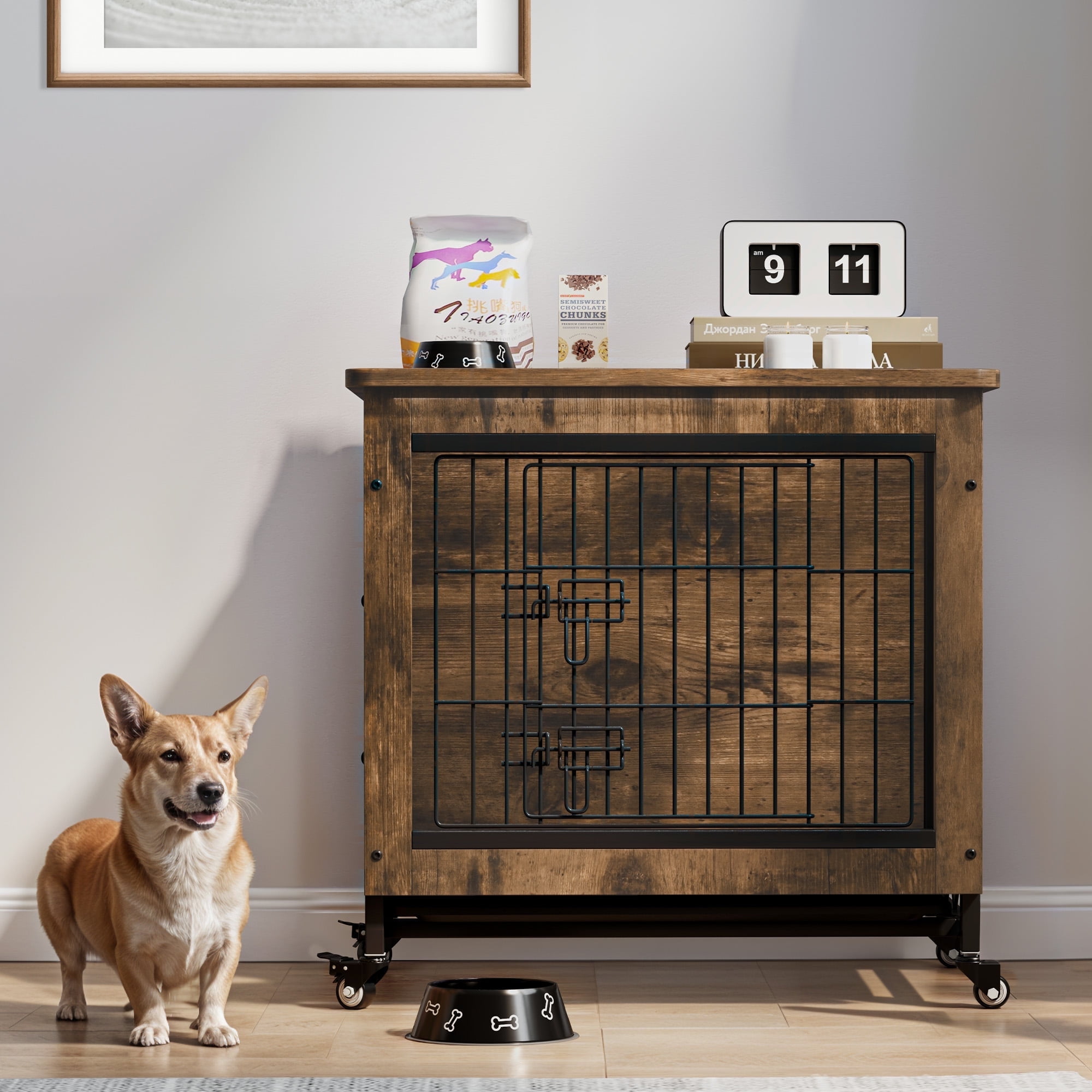 Beautiful view of Modern Rustic Wooden Dog Crate With Fold Down Table