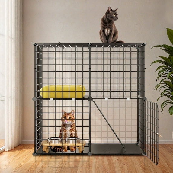 ModFusion 28" 2-Tier Metal Indoor Cat Cage Kennel Foldable Detachable Grid Small Animal Enclosure Black