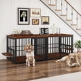 thumbnail image 1 of ModFusion 3-Door Brown Wood Texture Metal Dog Cage - Stackable Design with Corner L-Shape & Rotating Double Feeding Bowl, 1 of 10