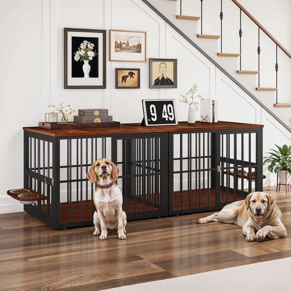 ModFusion 3-Door Brown Wood Texture Metal Dog Cage - Stackable Design with Corner L-Shape & Rotating Double Feeding Bowl