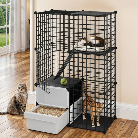 ModFusion 3-Level Metal Cat Cage with Litter Box – Spacious Indoor Playpen for Cats & Small Pets, Easy Assembly, Durable & Comfortable