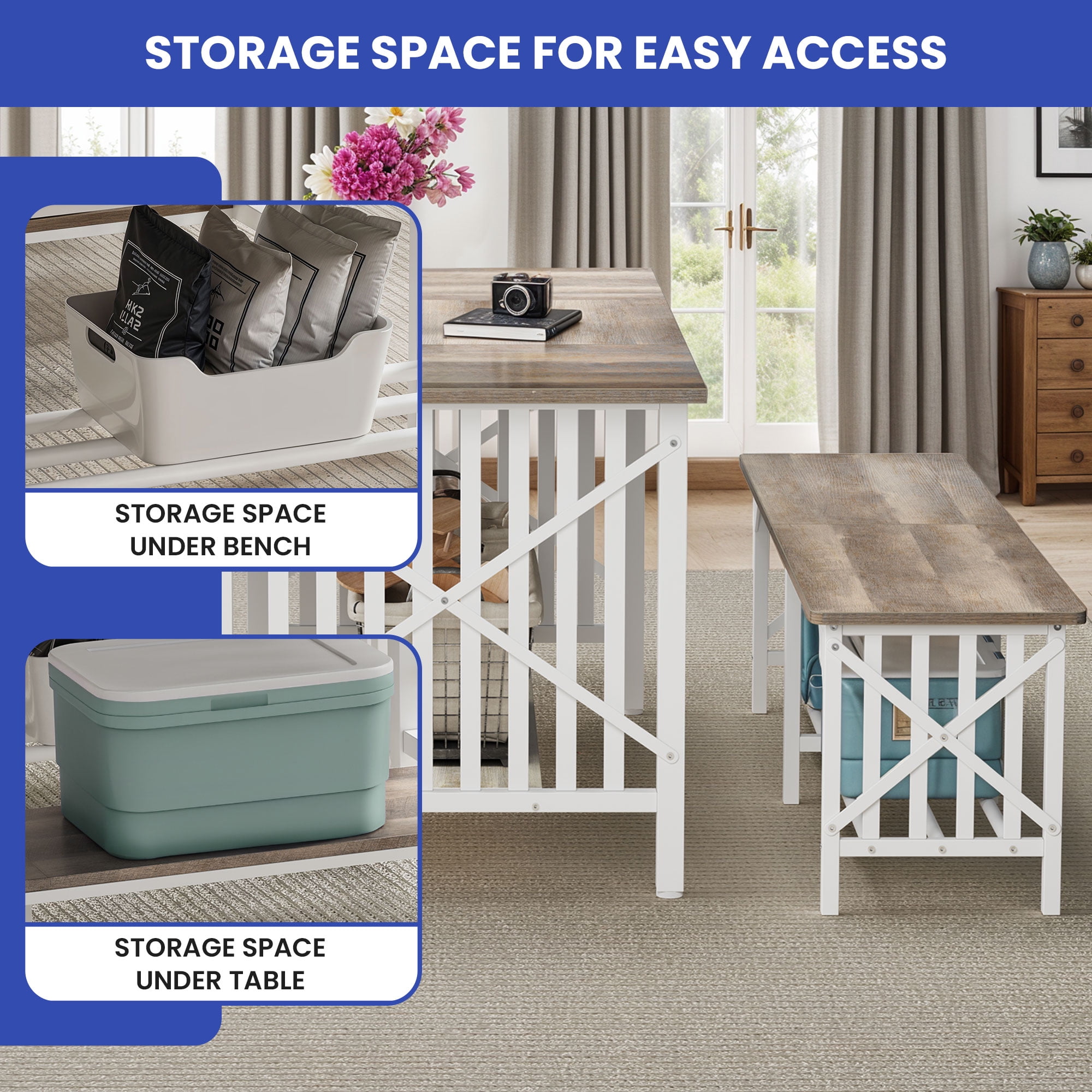 ModFusion 3-Piece 63” Dining Kitchen Table Set with Storage Benches ...