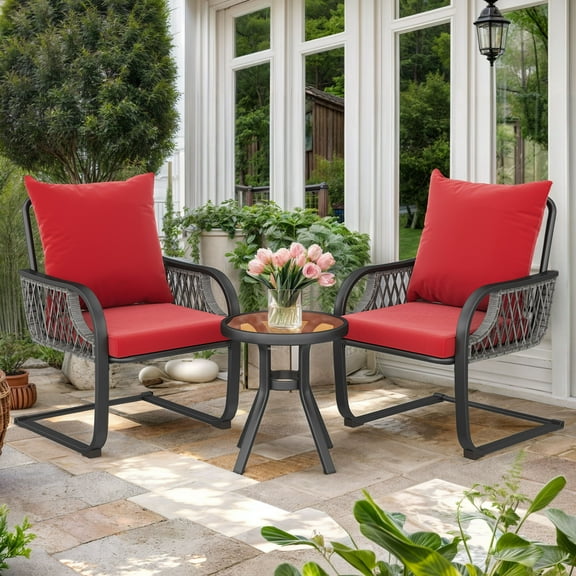 ModFusion 3-Piece Outdoor Indoor Patio Wicker Ensemble Set, Rattan Spring Chair with Soft Red Cushion & Table Bistro Set