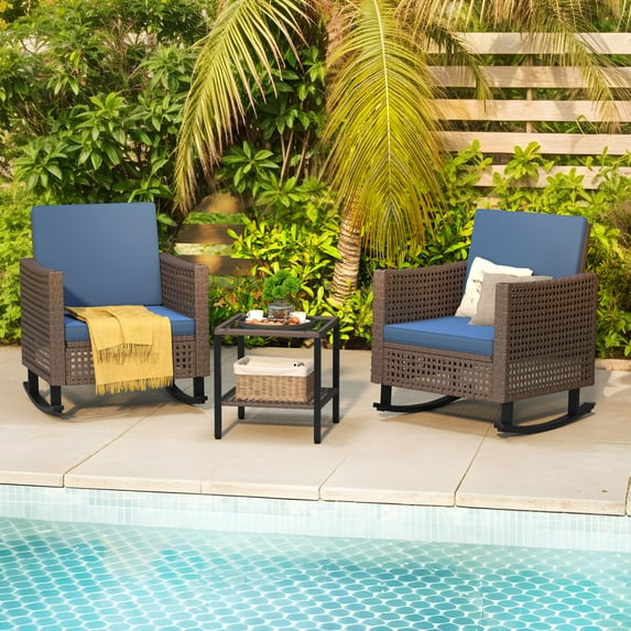 ModFusion 3-Piece Outdoor Wicker Rocking Chair Set with Cushions & Table, 400lbs, Blue