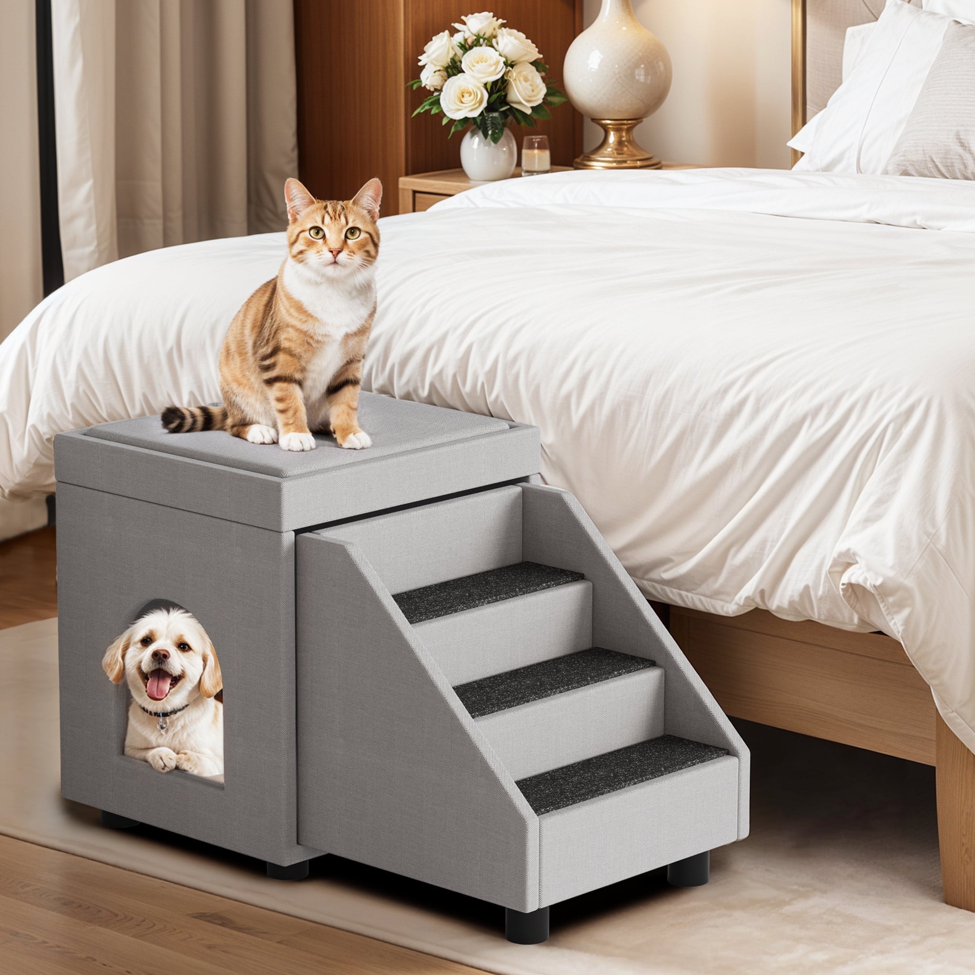 Image showcasing ModFusion 3-Step Folding Pet Stairs with Cozy Condo - Gray, Perfect for ...