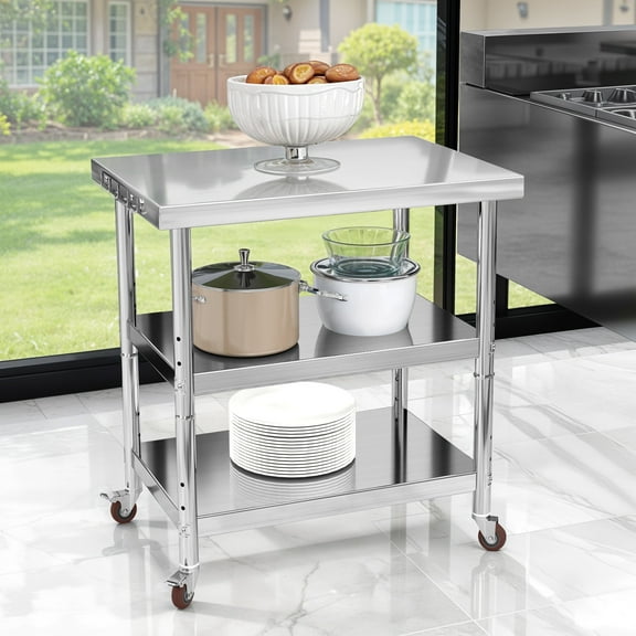 ModFusion 3-Tier Stainless Steel Work Table 36"x24" with Wheels, Hooks, Adjustable Storage Shelves, Heavy-Duty Metal Portable Kitchen Cart