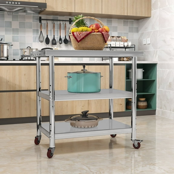 ModFusion 3-Tier Stainless Steel Work Table with Hooks, 360° Rolling Wheels, Adjustable Storage Shelves, 36”x24”, Portable Corner Kitchen Cart