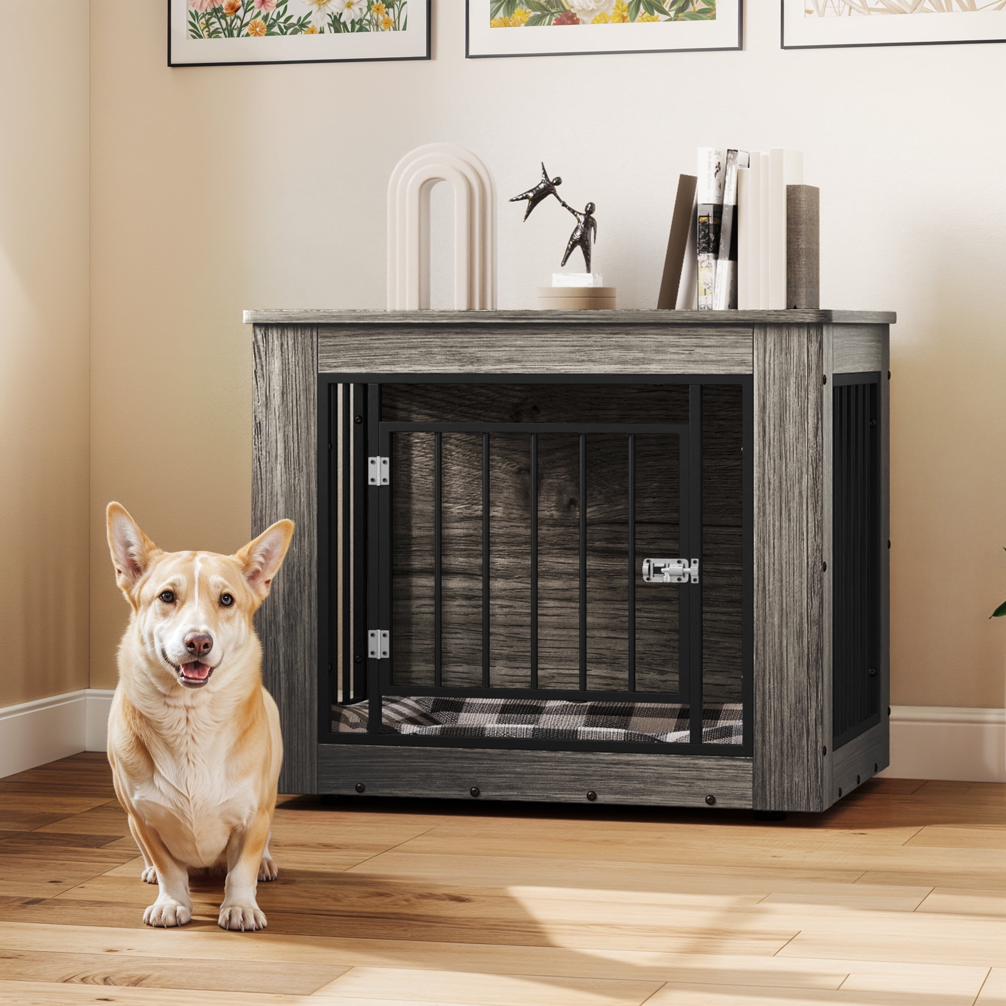 ModFusion 30" Gray Indoor Dog Kennel - Durable Wood Pet Crate with Lockable Door, Modern Design for Small Dogs, Weatherproof