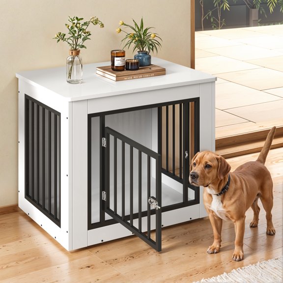 ModFusion 30-Inch Indoor Dog Crate Furniture with Storage Shelf, Modern Wood & Metal Pet Cage for Small Dogs up to 35 lbs, White