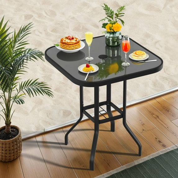 ModFusion 32" Square Patio High Bar Tables with Glass Top, Sturdy Frame & Umbrella Hole for Backyard & Porch, Black