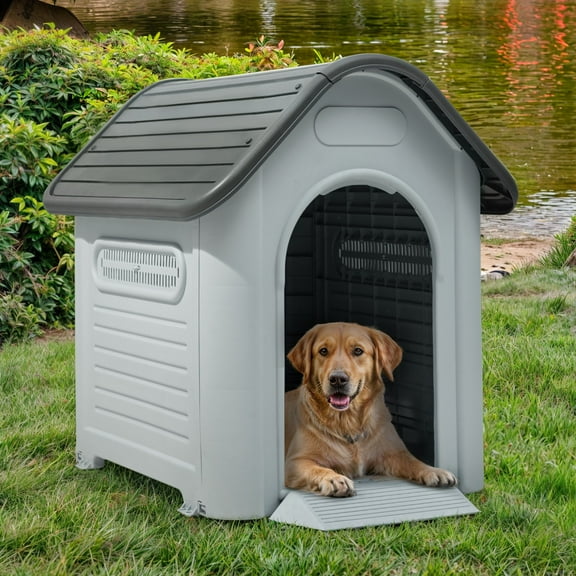 ModFusion 33” Large Outdoor Plastic Dog House with Adjustable Skylight and Water Resistance, Grey - Perfect for Large Breeds