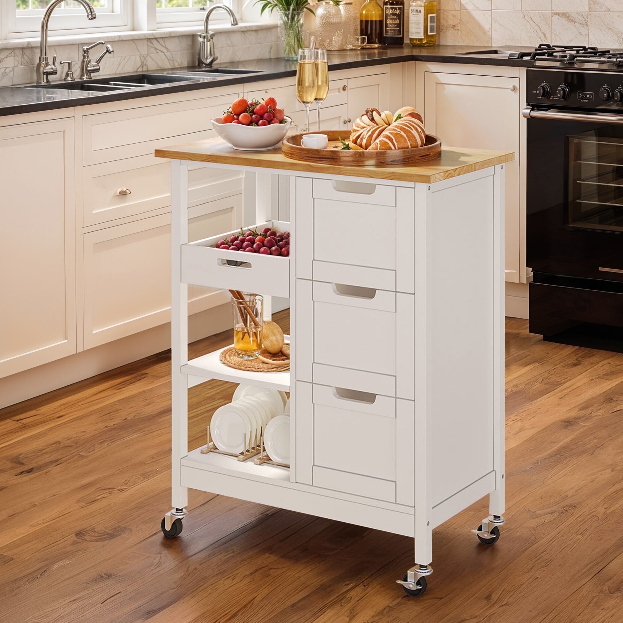 ModFusion 33” Rolling Kitchen Island Cart, 3 Drawers, 3-Tier Storage, Portable Utility Cart for Home & Dining Room