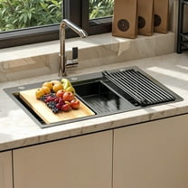 ModFusion 33″ Single Bowl Gunmetal Workstation Kitchen Sink, Drop-In Nano Stainless Steel, Drain Kit, 2.7'x1.8' ft Ledge Accessories, Wood Cutting Board, Gray