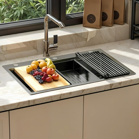 ModFusion 33″ Single Bowl Gunmetal Workstation Kitchen Sink, Drop-In Nano Stainless Steel, Drain Kit, 2.7'x1.8' ft Ledge Accessories, Wood Cutting Board, Gray