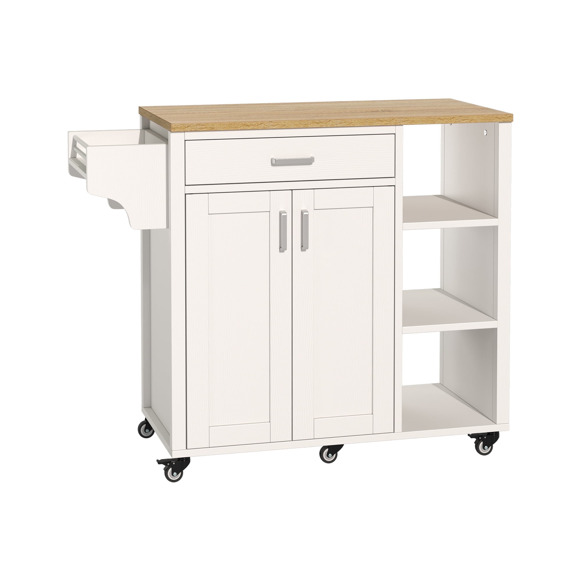 ModFusion 35" Rolling Kitchen Island Cart – 2 Doors, Drawer, Open Shelves, Spice & Wine Racks, Locking Wheels