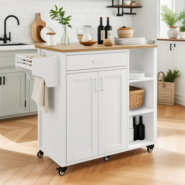 ModFusion 35" White Rolling Kitchen Island Cart with Solid Wood Top, Drawer, Towel Rack & Lockable Wheels