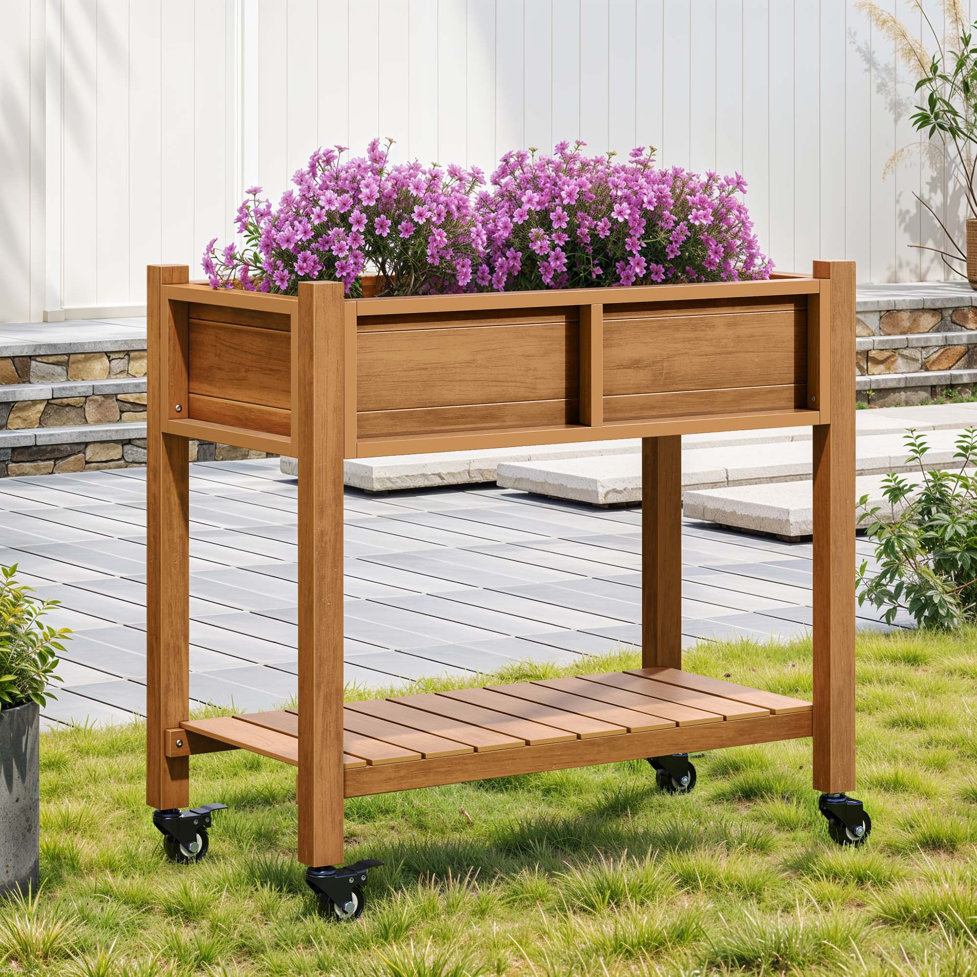 ModFusion 34" Outdoor Brown Wooden Garden Planter with Drainage Holes, Weatherproof Raised Flower Bed on Wheels, Durable Wood Grain Finish, Mobile Plant Stand for Patio & Backyard Gardening