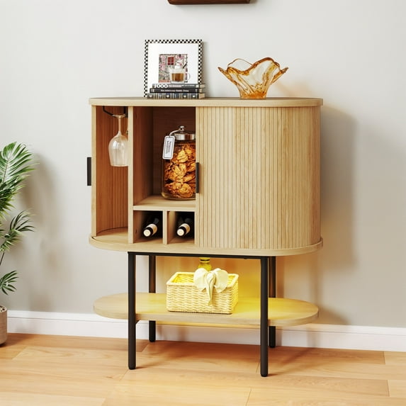 ModFusion 35.4" Tall Basement Bar Cabinet with LED Lighting, Wine Sideboard Buffet Storage, Glass Rack Holder, Adjustable, Fluted 2 Sliding Tambour Doors, Natural Oak Wood