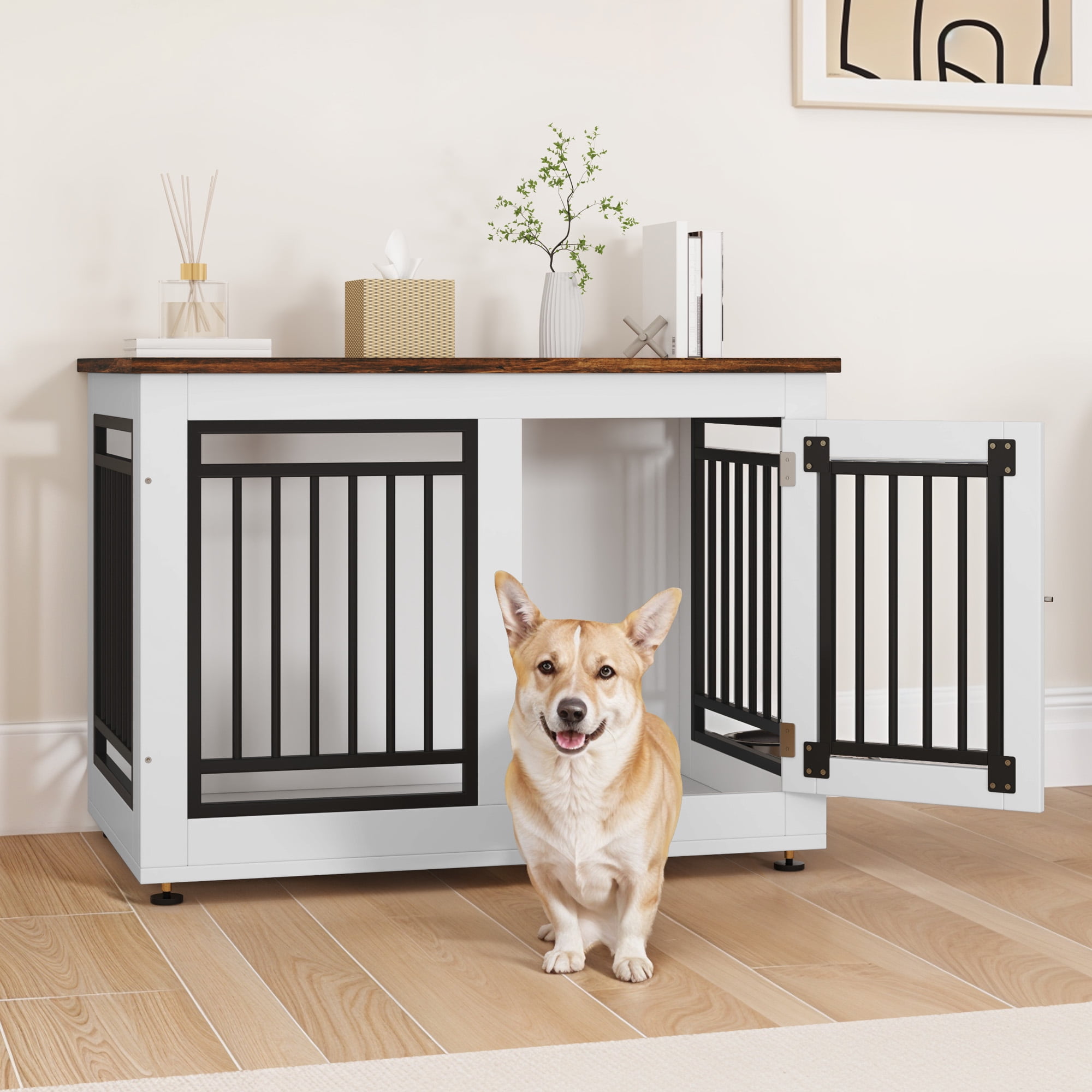 ModFusion 35-Inch Single-Door Dog Kennel with Feeding Bowls, Wooden Furniture-Style Pet Crate for Small to Medium Dogs, White & Black