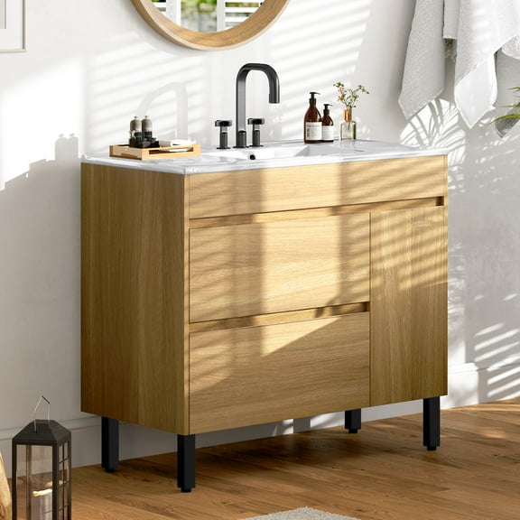 ModFusion 36-Inch Bathroom Vanity Cabinet with Ceramic Basin, Double Drawers & Soft-Close Doors Storage, Yellow Oak
