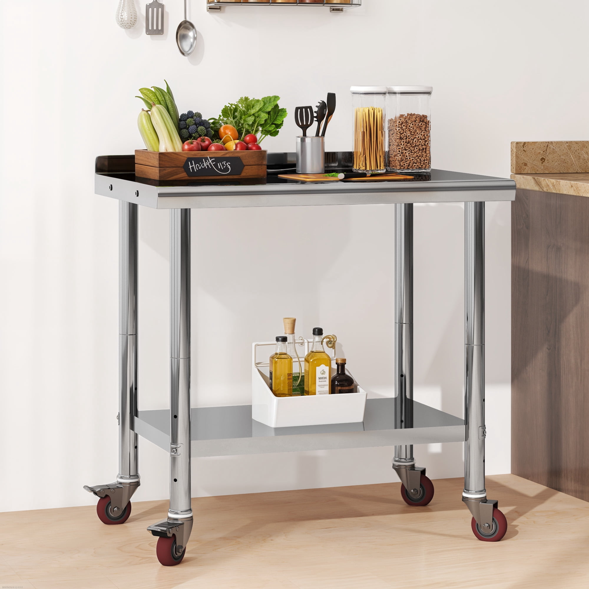 ModFusion 36" NSF-Certified Stainless Steel Table with Utility Hooks, Backsplash, Locking Casters, Adjustable Metal Storage Shelf, Food Prep Cart Station, Workbench