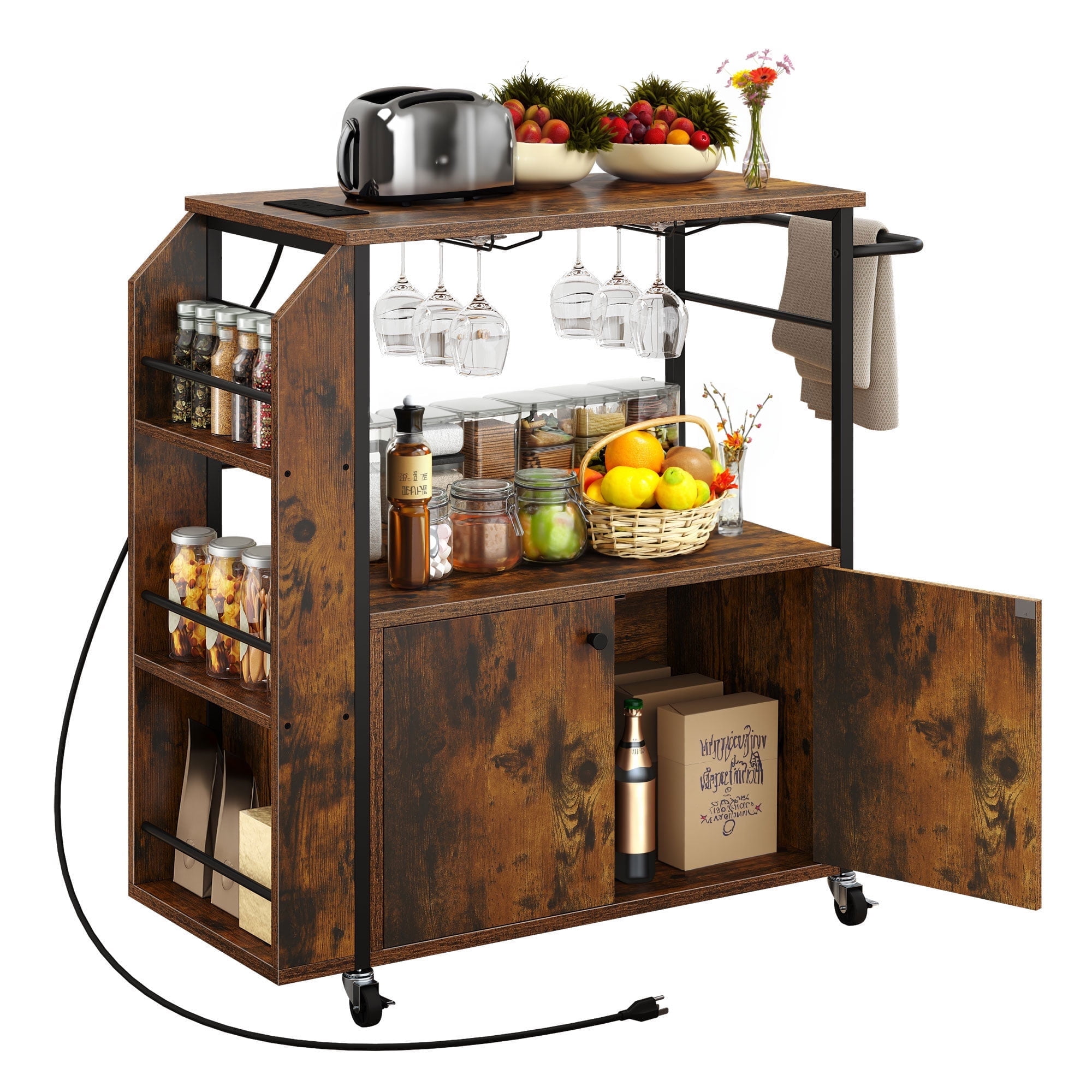 ModFusion 36" Modern Rolling Kitchen Island Cart with Power Outlet, Microwave Stand, Spice Rack, Open Shelves & Swivel Casters – Kitchen Serving & Storage Cart
