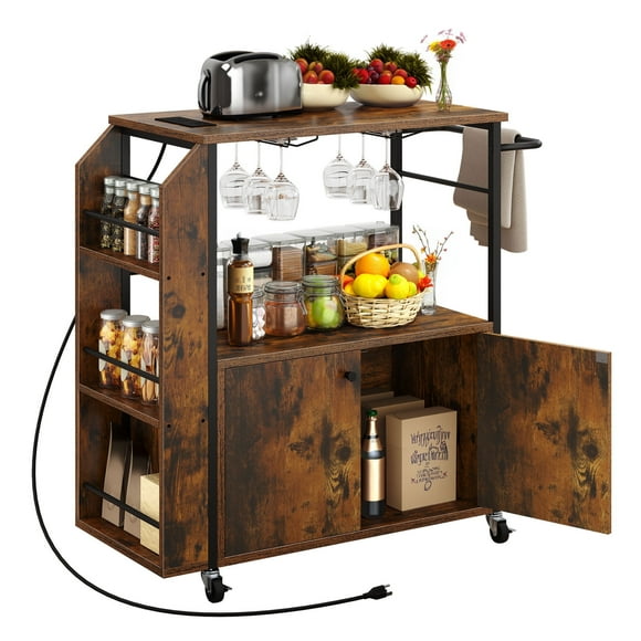 ModFusion 36" Modern Rolling Kitchen Island Cart with Power Outlet, Microwave Stand, Spice Rack, Open Shelves & Swivel Casters – Kitchen Serving & Storage Cart