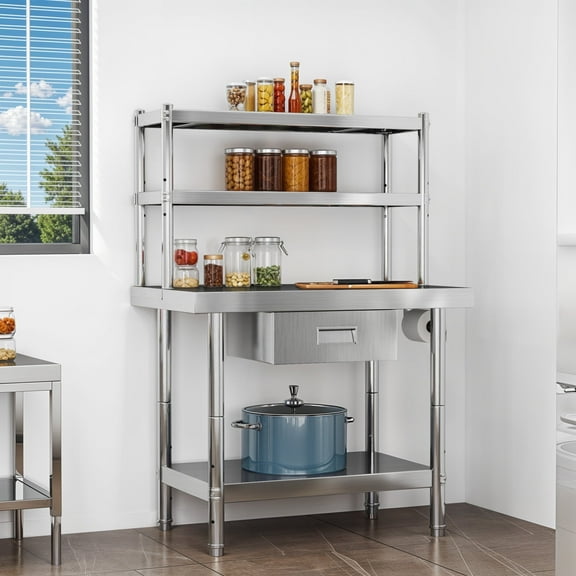 ModFusion 36" x 24" NSF Stainless Steel Commercial Kitchen Prep & Work Table with Overshelf, 4-Tier Metal Table, Adjustable Storage Shelves, Paper Roll Rack, Home Kitchens Restaurants