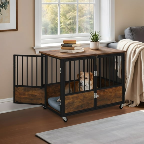 ModFusion 38" Double Door Dog Crate with Wooden Top for Storage, Locking Casters, and Waterproof Surface Durable, Easy-to-Clean Pet Crate