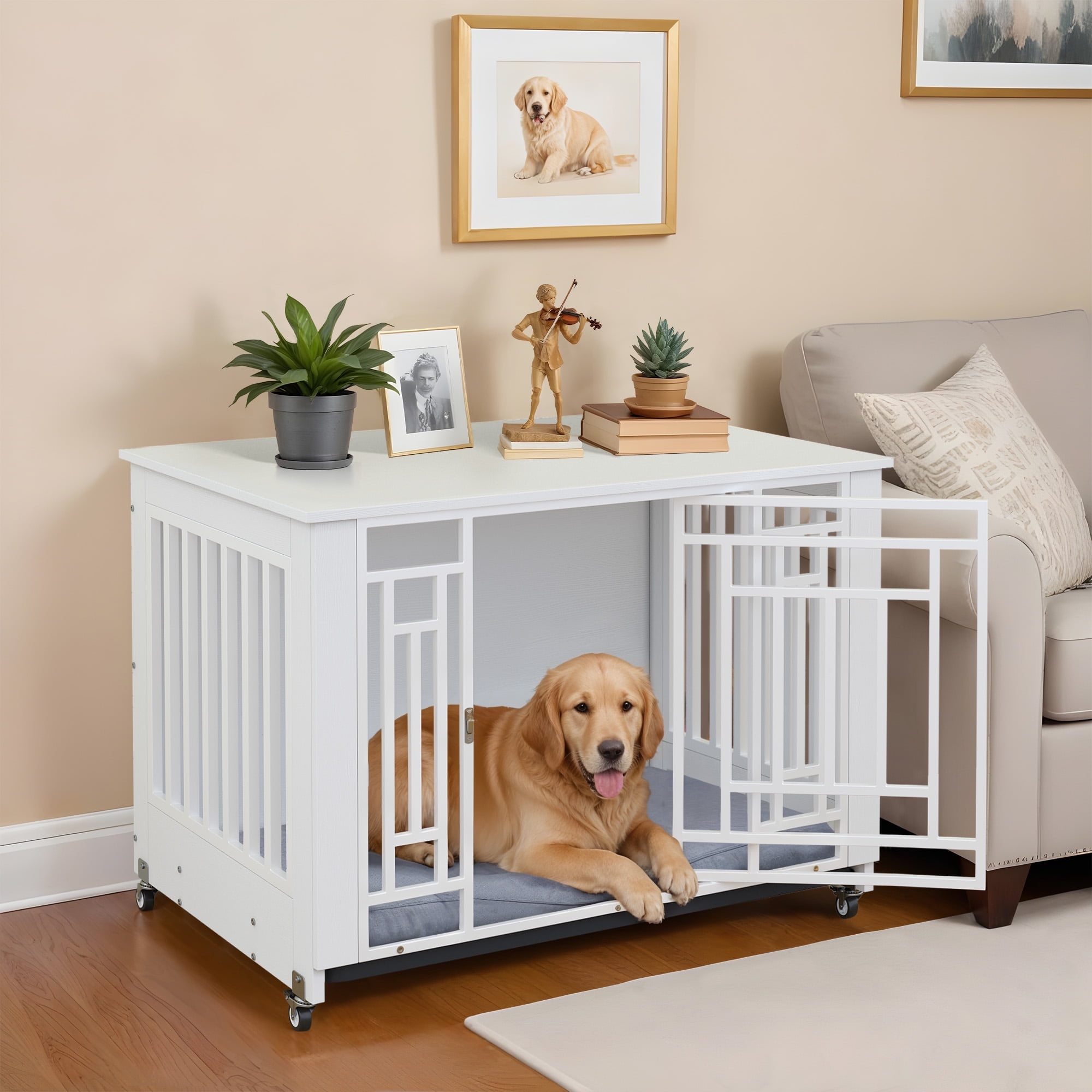 ModFusion 38" Medium Dog Crate with Wheels Lockable Door Wooden Top Indoor Outdoor Kennel
