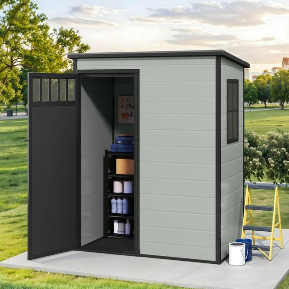 ModFusion 4.6×2.6×6.3 ft Resin Storage Shed with Window, Floor, Plastic Roof, Storage Cabinets 65 to 68 inches, Winter Gear Box, Black