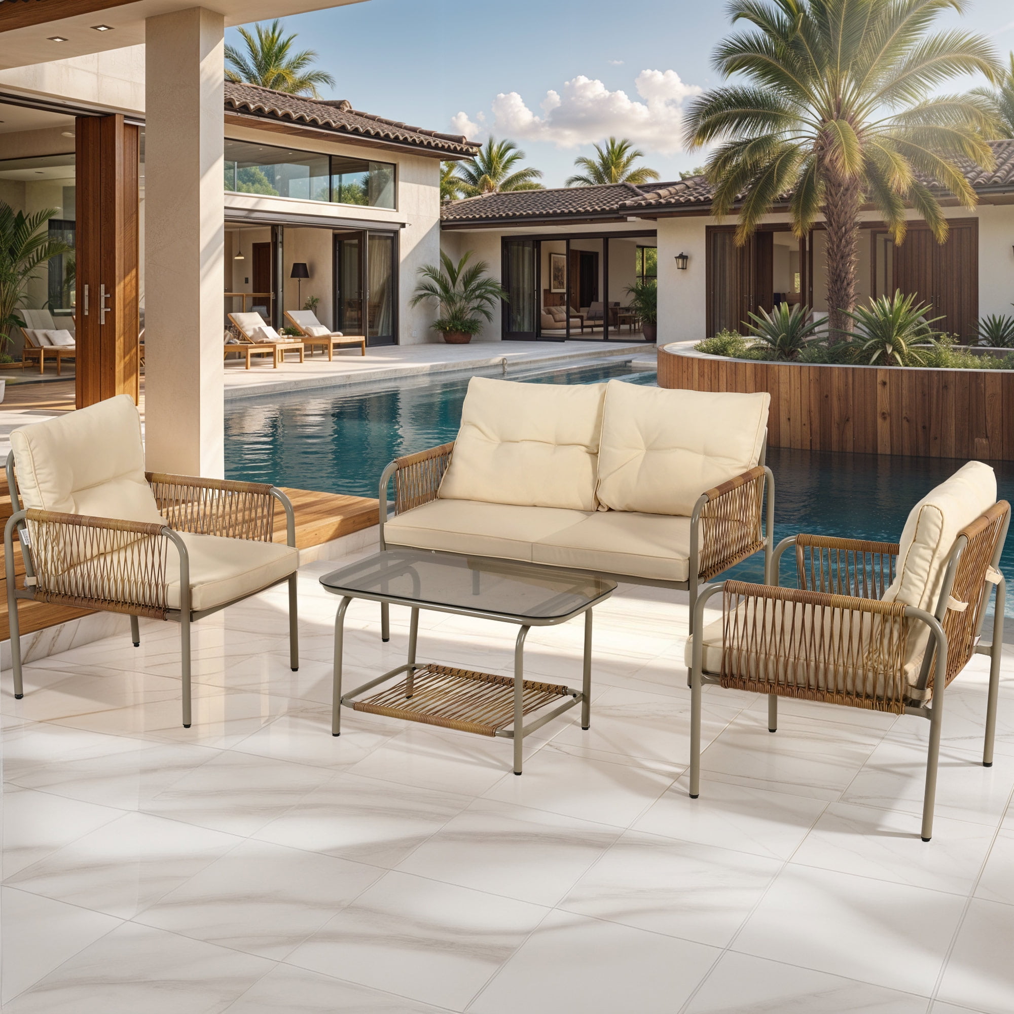 ModFusion 4-Piece Beige Rattan Lounge Set, Weather-Resistant Loveseat ...